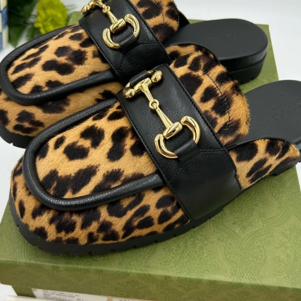 Gucci Leopard Print Mules with Gold Accents - Picture 2 of 7